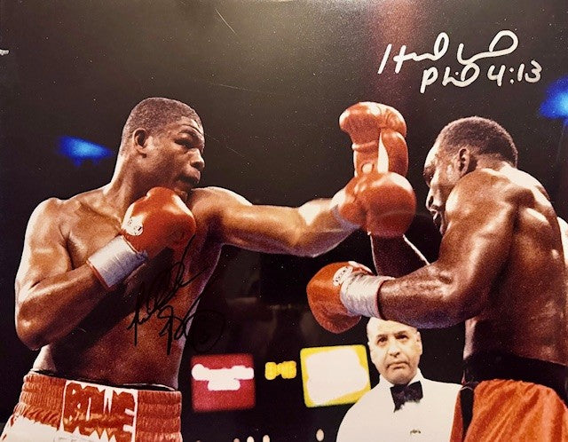 Riddick Bowe and Evander Holyfield dual signed autographed fight 11x14 photo Cert