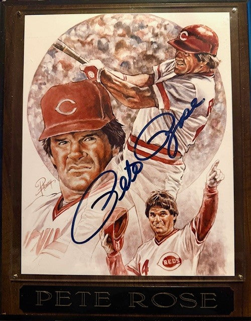 Pete Rose autographed signed MLB Baseball photo mounted on a wooden plaque RARE!